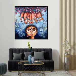 Sharmi Dey's 'Panchatatava (Beneath the Canopy of Blooms)' painting visualized above a sofa in a contemporary room.