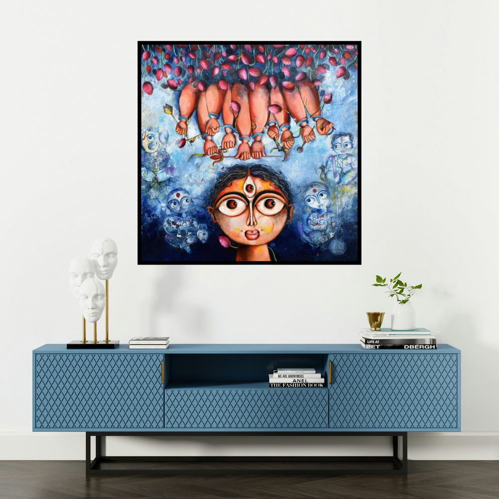 'Panchatatava (Beneath the Canopy of Blooms)' painting by Sharmi Dey shown on a wall in a furnished room.
