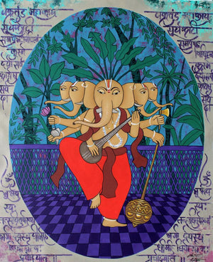 Panchmukhi Ganesha (Panchmukhi Ganesha) by Chetan Katigar, Original Acrylic Religious Painting on Canvas, Large Vertical Wall Art