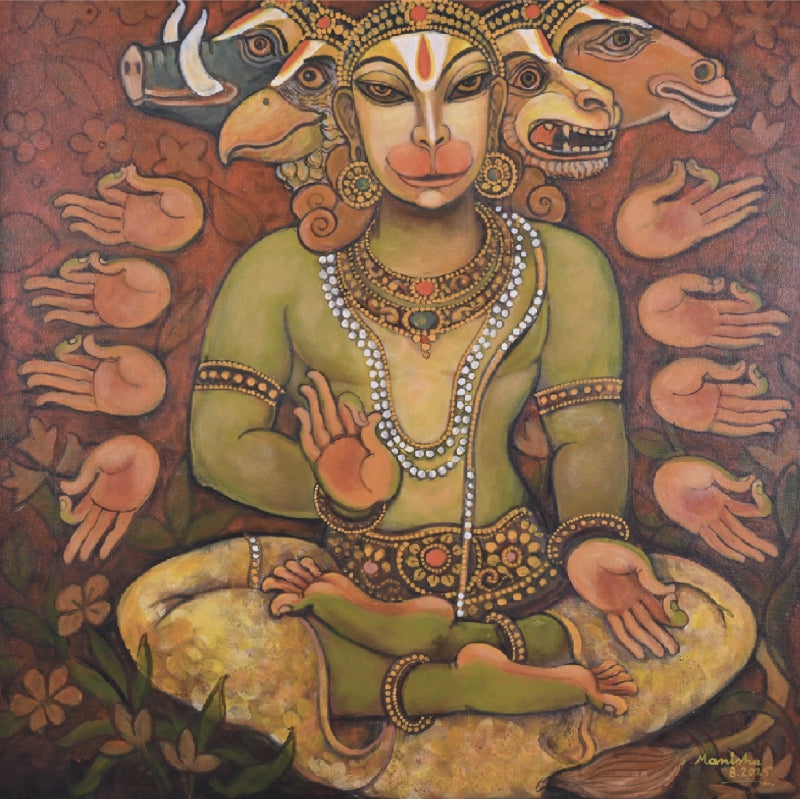 Panchmukhi Hanuman' religious acrylic painting by artist Manisha Srivastava, 36x36 inch, on canvas