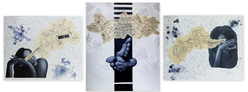Pandemonium 1 (Triptych)' contemporary mixed-media painting by artist Payel Mitra Sarkar, 24x68 inch, on handmade paper