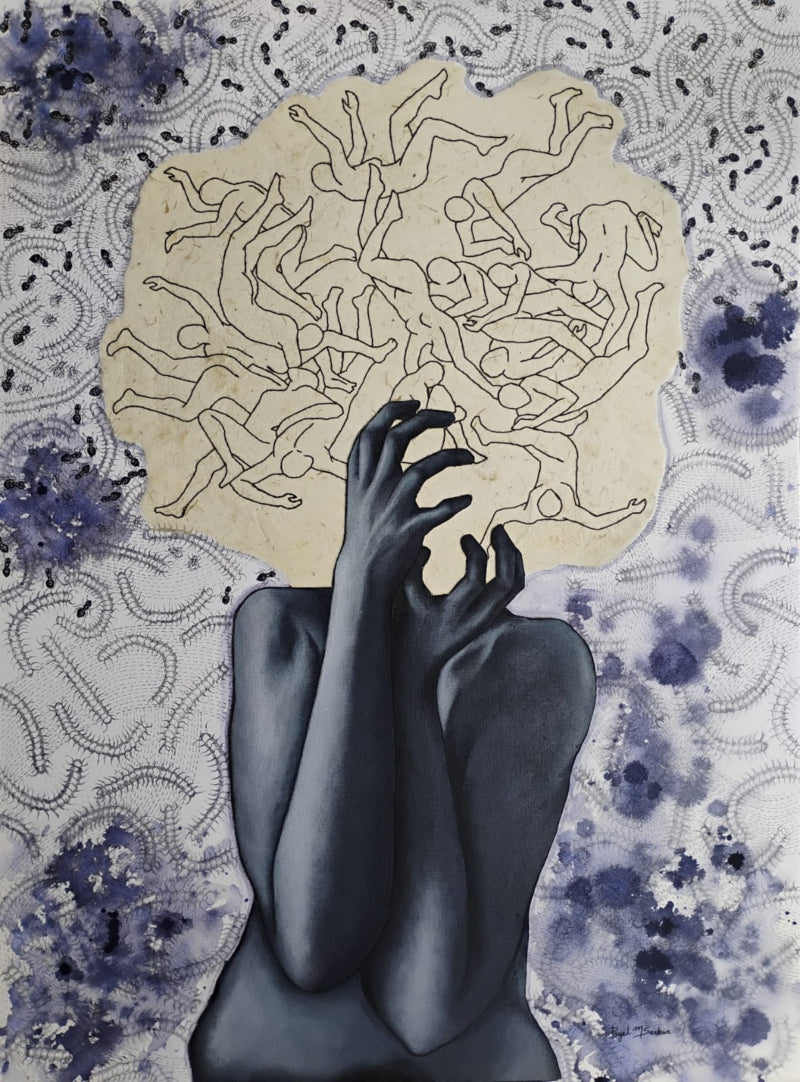 Pandemonium 2' contemporary mixed-media painting by artist Payel Mitra Sarkar, 30x22 inch, on handmade paper