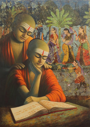 Pandit 19 by Sanjay Raut, Original Acrylic Religious Painting on Canvas, Medium Vertical Wall Art