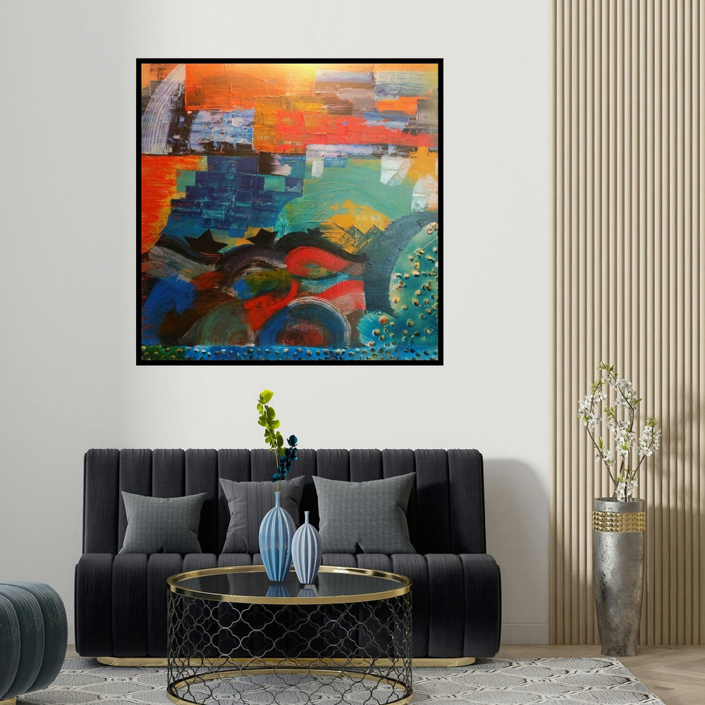 Nishant Mishra's 'Paperboat (Emergence)' painting visualized above a sofa in a contemporary room.