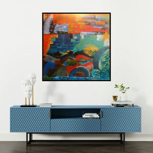 'Paperboat (Emergence)' painting by Nishant Mishra shown on a wall in a furnished room.