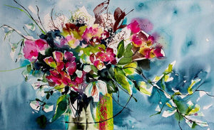 Papillons (Efflorescence: A Symphony of Color) by Veronique Piaser-Moyen, Original Watercolor Still-Life Painting on Paper, Small Horizontal Wall Art