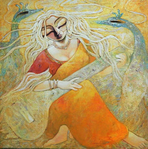 Paraa (Serene Melody) by Subrata Ghosh, Original Acrylic Figurative Painting on Canvas, Large Square Wall Art
