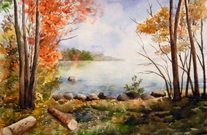 Paradise On Earth (Autumns Embrace) by Jitendra Sule, Original Watercolor Landscape Painting on Handmade Paper, Small Horizontal Wall Art