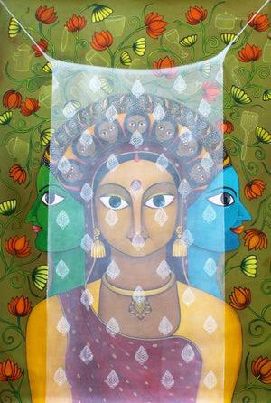 Pardey Mey Rahney Do 2 (The Multifaceted Woman) by Meenakshi Jha Banerjee, Original Acrylic Figurative Painting on Canvas, Large Vertical Wall Art