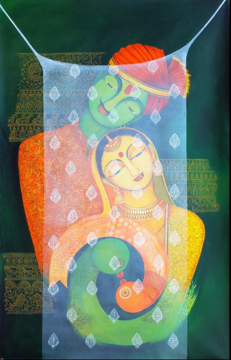 Figurative acrylic painting titled 'Pardey Mey Rahney Do 3', 60x36 inches, by artist Meenakshi Jha Banerjee on Canvas