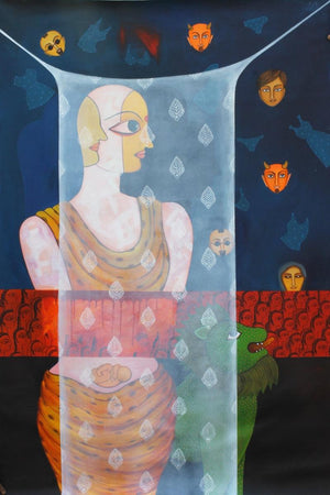 Pardey Mey Rahney Do 4 (The Burden of Motherhood) by Meenakshi Jha Banerjee, Original Acrylic Figurative Painting on Canvas, Large Vertical Wall Art