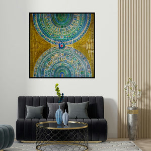 Madhavi Joshi's 'Parikrama 2 (Cosmic Mandala)' painting visualized above a sofa in a contemporary room.