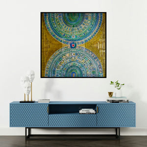 'Parikrama 2 (Cosmic Mandala)' painting by Madhavi Joshi shown on a wall in a furnished room.