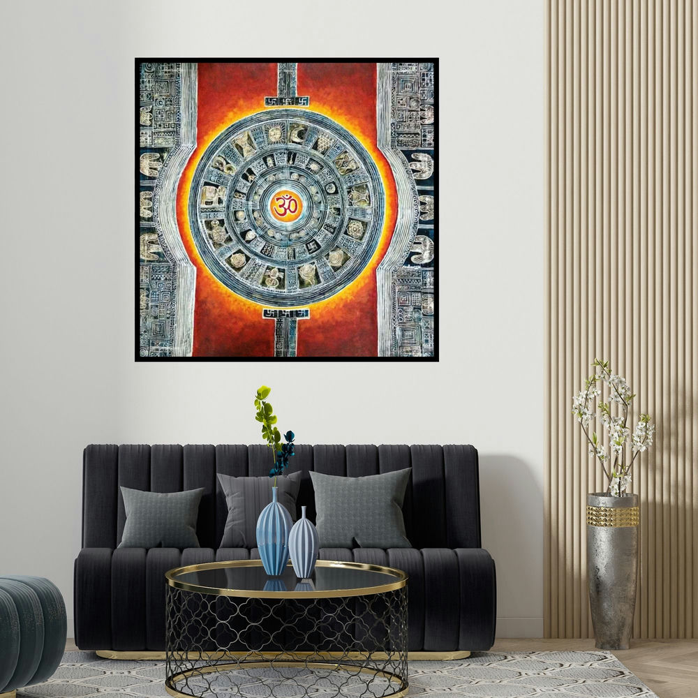 Madhavi Joshi's 'Parikrama (Cosmic Mandala Depicting Hindu Deities and Symbols)' painting visualized above a sofa in a contemporary room.
