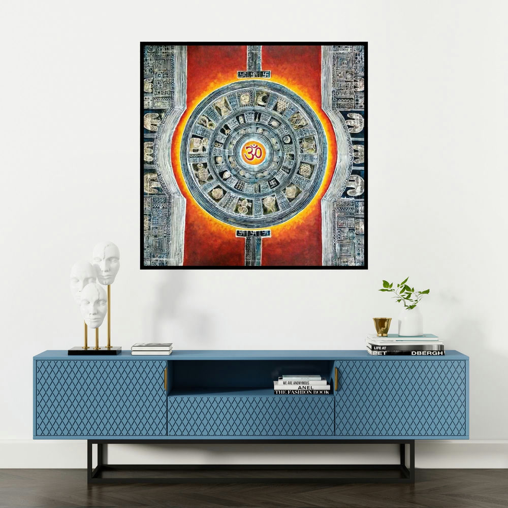'Parikrama (Cosmic Mandala Depicting Hindu Deities and Symbols)' painting by Madhavi Joshi shown on a wall in a furnished room.