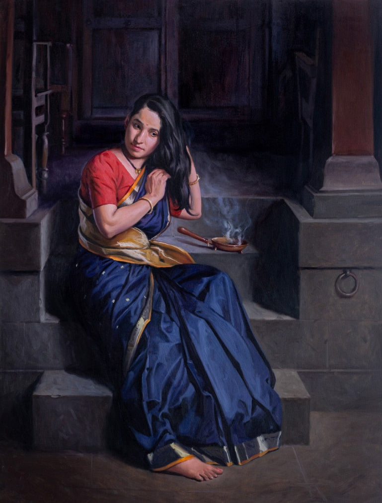 Parimal' figurative oil painting by artist Mahesh Soundatte, 41x31 inch, on linen