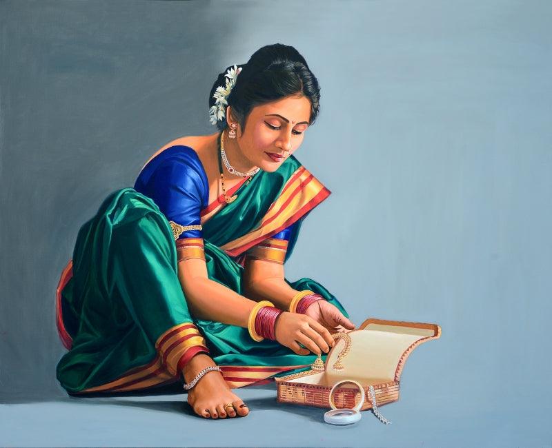 Figurative oil painting titled 'Parineeta', 48x60 inches, by artist Vinayak Takalkar on Canvas