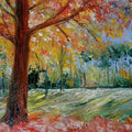 Impressionist oil painting titled 'Park Tree In Bloom', 17x11 inches, by artist Kiran Bableshwar on Canvas
