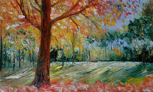 Park Tree In Bloom (Ephemeral Beauty) by Kiran Bableshwar, Original Oil Impressionist Painting on Canvas, Small Horizontal Wall Art