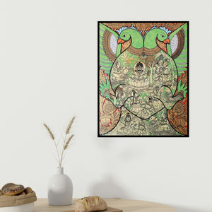 Harinath N's 'Parrot Rathi Manmadha (Celestial Harmony A Divine Gathering)' painting visualized above a sofa in a contemporary room.