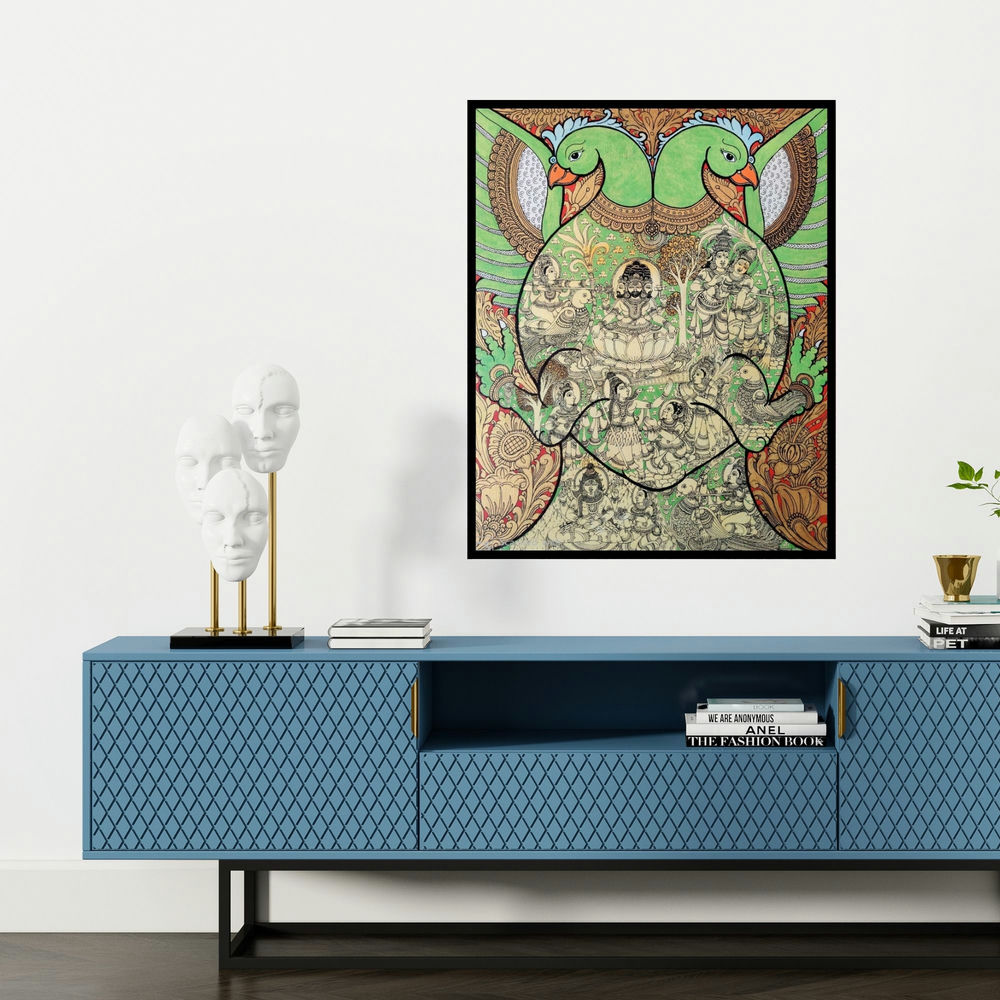 'Parrot Rathi Manmadha (Celestial Harmony A Divine Gathering)' painting by Harinath N shown on a wall in a furnished room.