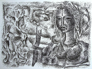 Parrot With Girl (Dotted Divinity) by Srv Artist, Original Mixed Media Figurative Painting on Board, Small Horizontal Wall Art