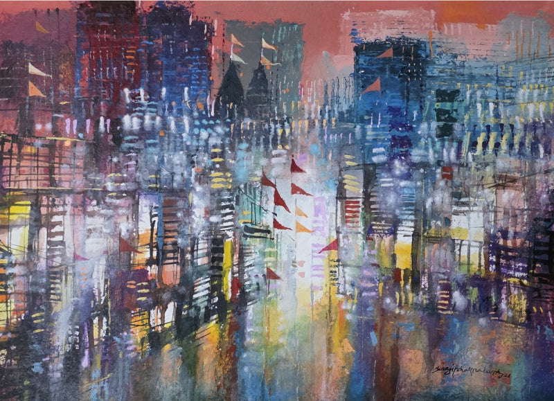A Part Of Night 3' abstract acrylic painting by artist Srj Surajit Chakraborty, 22x30 inch, on cotton based paper