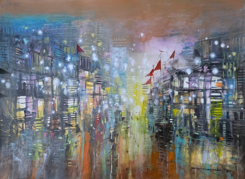 A Part Of Night 4' abstract acrylic painting by artist Srj Surajit Chakraborty, 22x30 inch, on cotton based paper