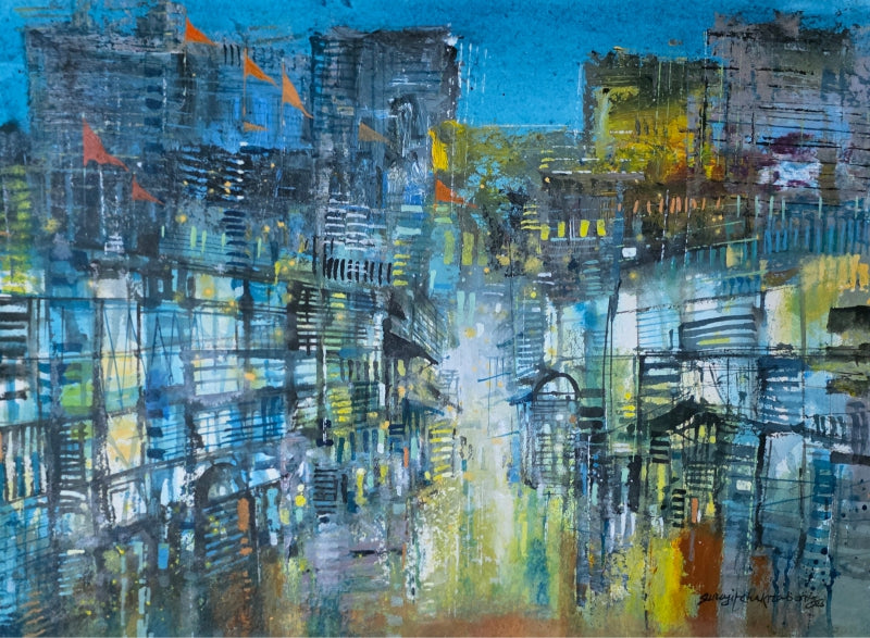 A Part Of Night 6' abstract acrylic painting by artist Srj Surajit Chakraborty, 22x30 inch, on cotton based paper