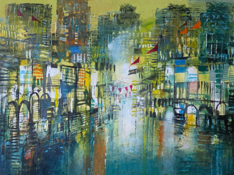 A Part Of Night 7' abstract acrylic painting by artist Srj Surajit Chakraborty, 22x30 inch, on cotton based paper