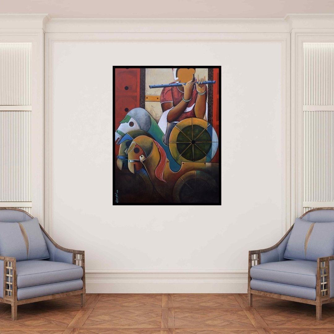 In-situ view of Anupam Pal's 'Parthasarathi 12' painting in a room