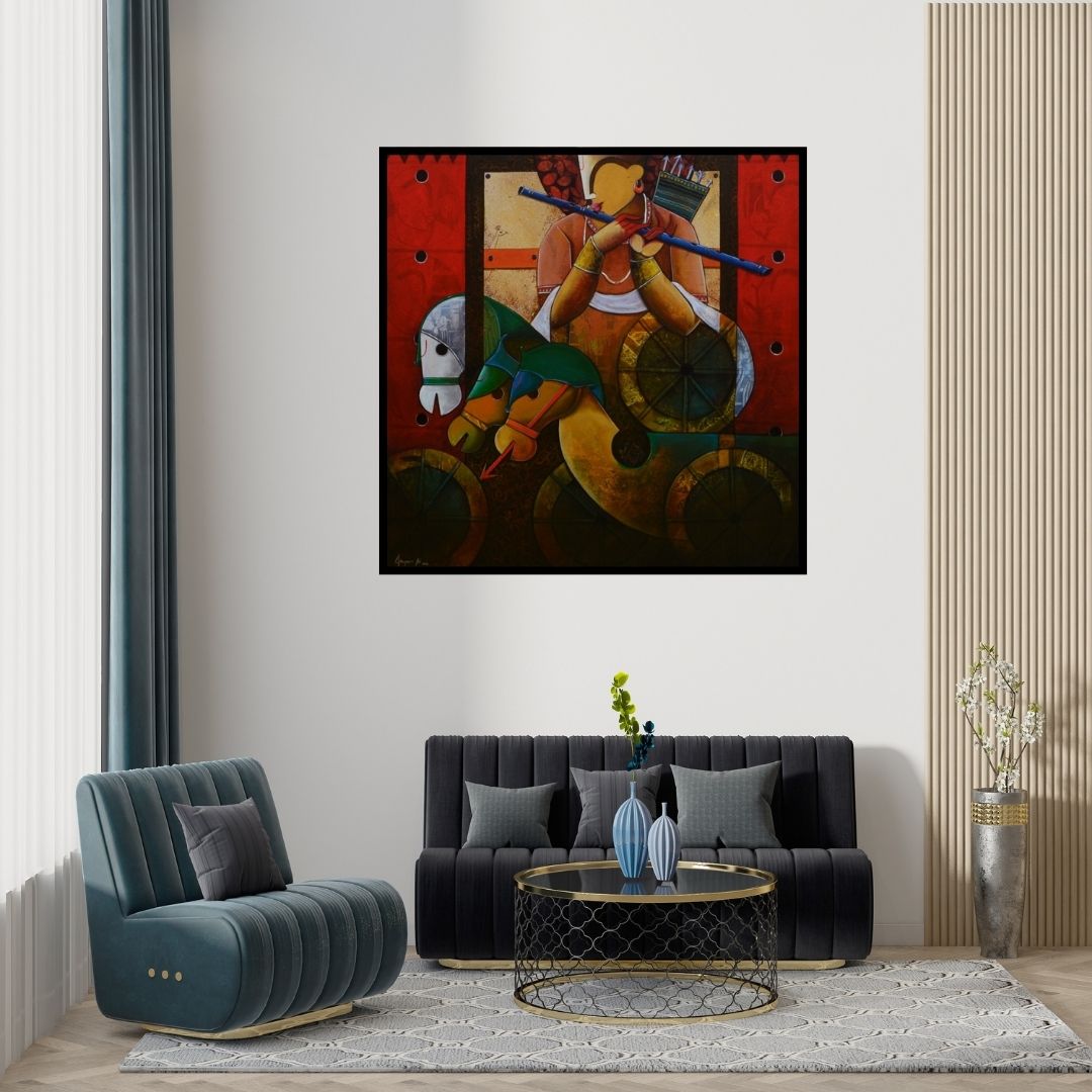 Preview of 'Parthasarathi 15' Painting by Anupam Pal shown on a wall in a furnished room.