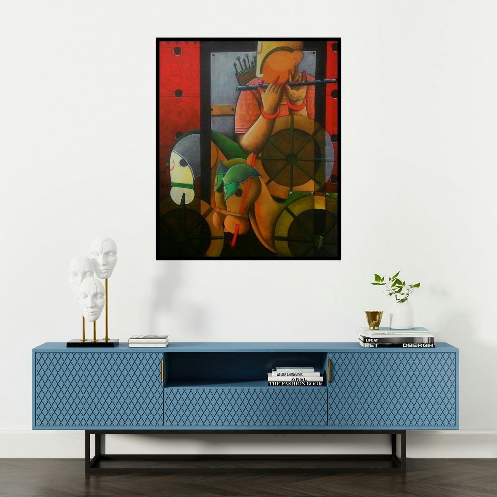 Anupam Pal's 'Parthasarathi 9' painting visualized above a sofa in a contemporary room.