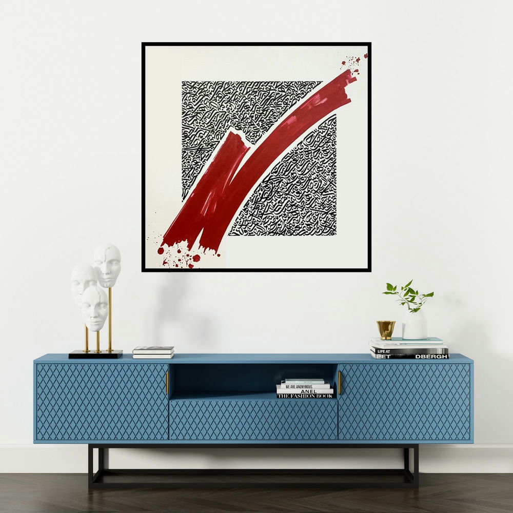 'Partition (Crimson Currents)' painting by Shaikh Ahsan shown on a wall in a furnished room.