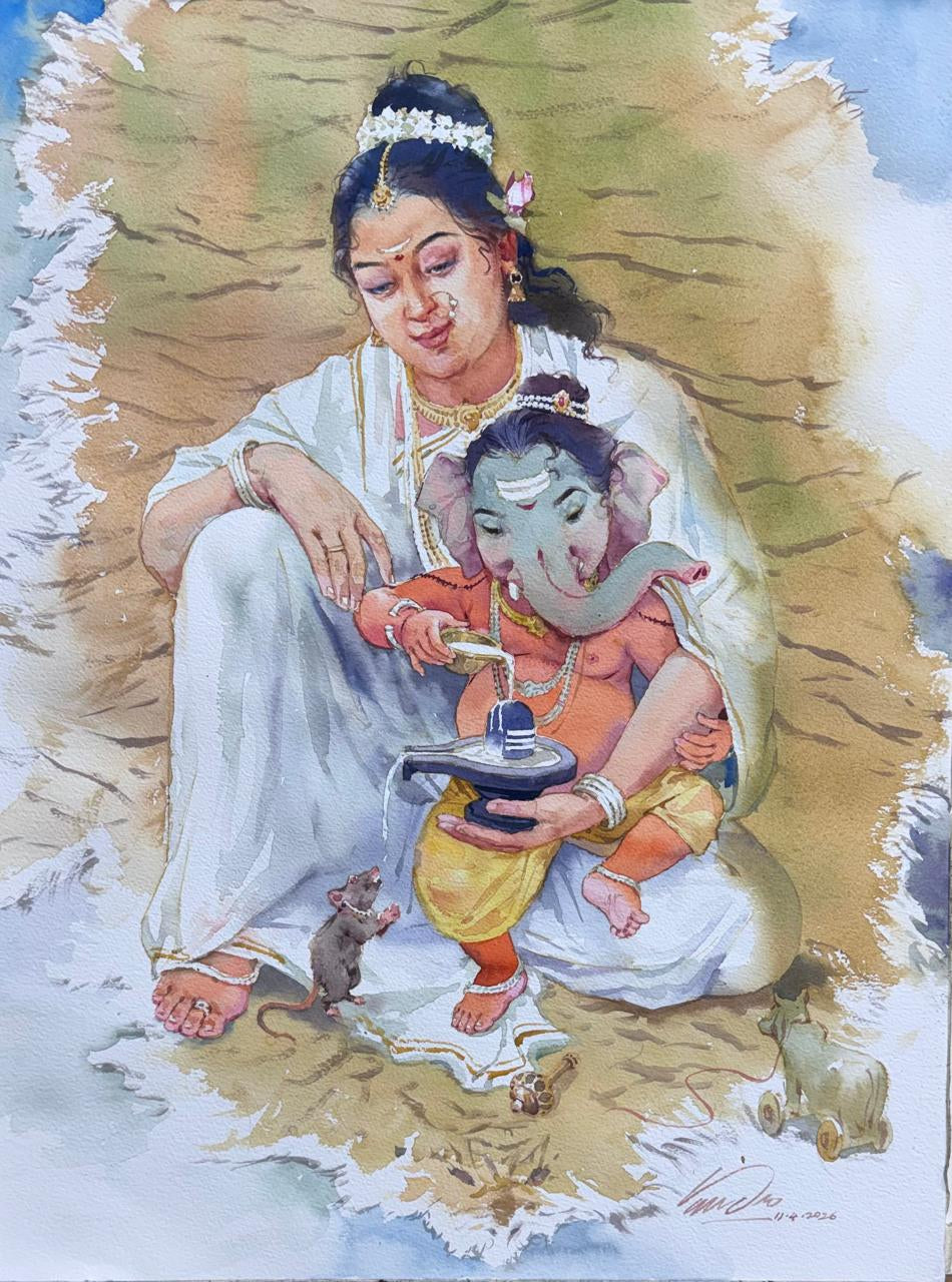 'Parvati Ganesha' religious watercolor painting by artist Vasudeo Kamath, 24x18 inch, on paper