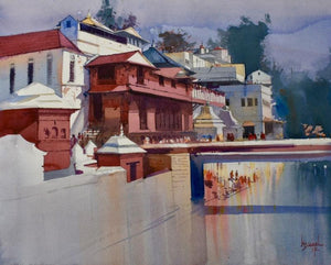 Place watercolor painting titled 'Pashupati Ghat', 22x30 inches, by artist Bijay Biswaal on Canson Paper