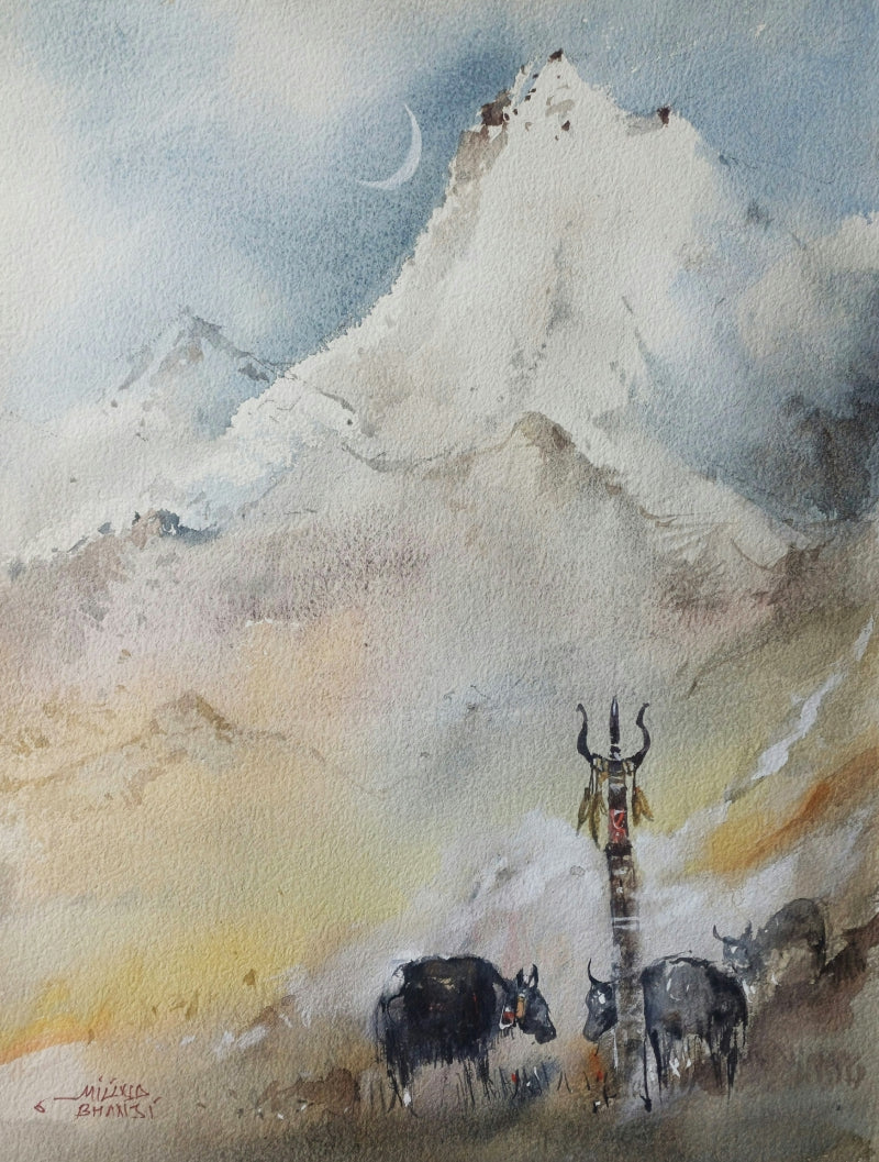 Pashupatinath' religious watercolor painting by artist Milind Bhanji, 16x12 inch, on paper