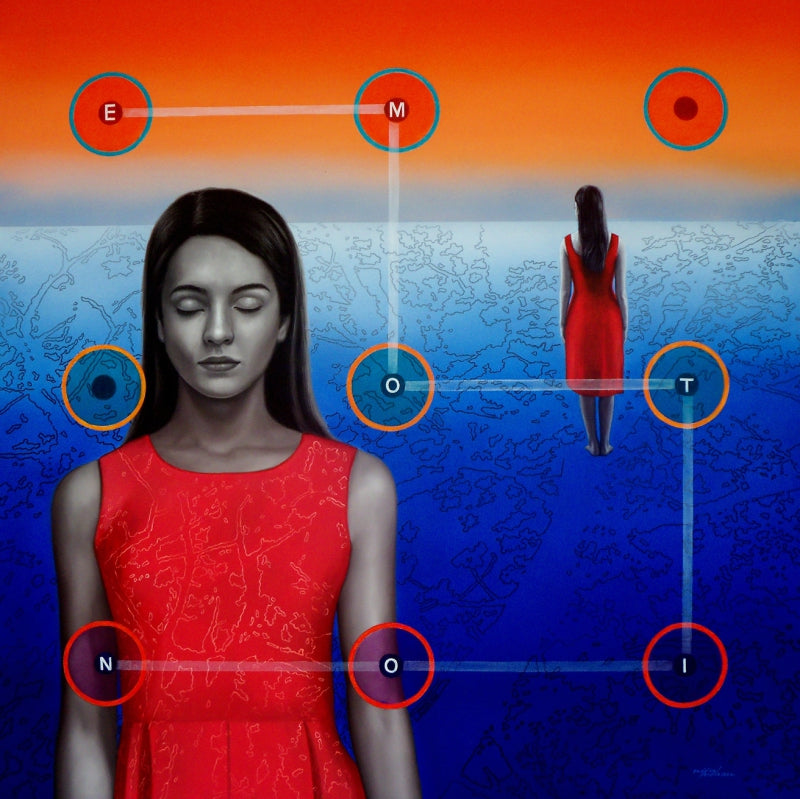 Pass Code 1' contemporary acrylic-oil painting by artist Nijesh Mohan, 36x36 inch, on canvas