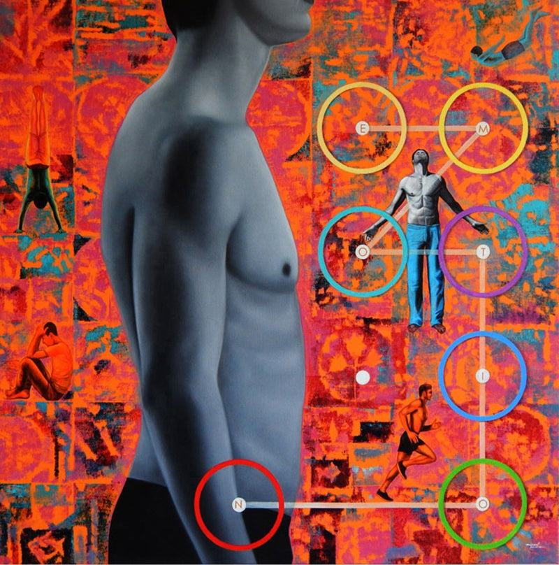 Pass Code 2' contemporary acrylic-oil painting by artist Nijesh Mohan, 36x36 inch, on canvas