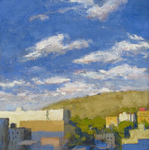 Passing Lights (Urban Horizon) by Bhargavkumar Kulkarni, Original Oil Landscape Painting on Canvas, Small Square Wall Art