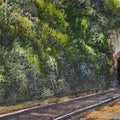 Landscape watercolor painting titled 'Passing Through the Tunnel', 14x28 inches, by artist Ramdas Thorat on Paper