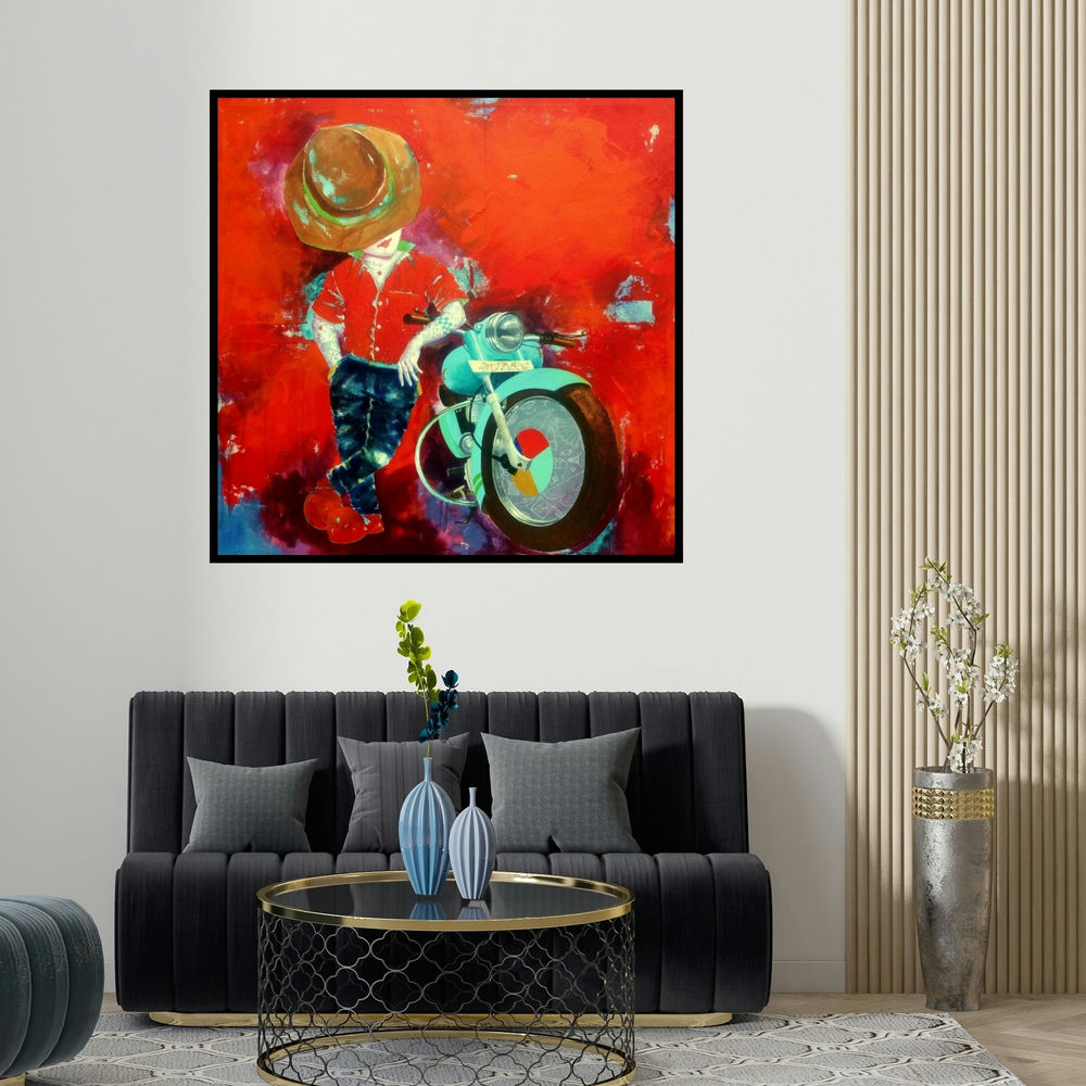 Shiv Kumar Soni's 'Passion Of The Childhood Xv' painting visualized above a sofa in a contemporary room.