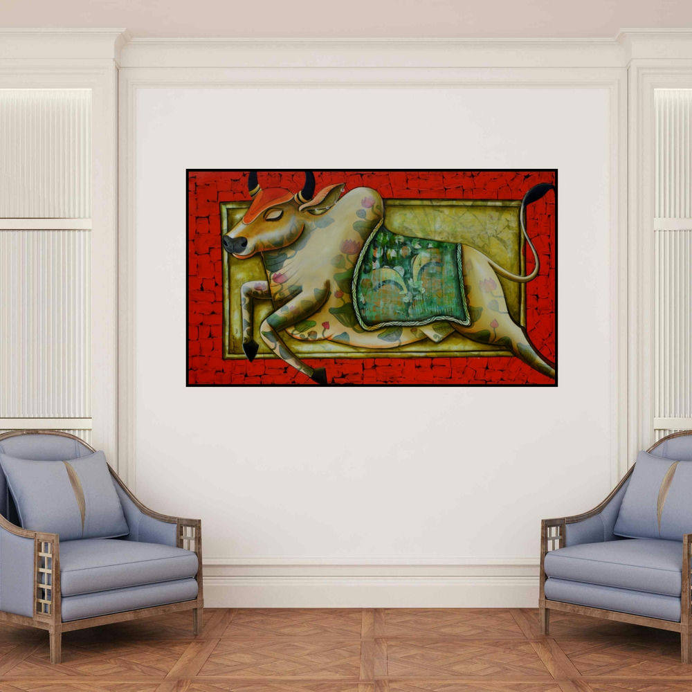 'Passion In Motion (Sacred Strength)' painting by Anupam Pal shown on a wall in a furnished room.