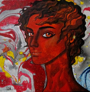 Passionate thoughts by Suruchi Jamkar, Original Oil Figurative Painting on Canvas, X-Small Square Wall Art