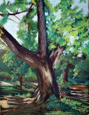Pastel Tree (The Majestic Tree) by Niharika Garg, Original Chowky Board Framed Impressionist Painting on Board, Small Vertical Wall Art