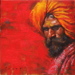 Pastoral Hues 1 (Reflection in Blue) by Parag Borse, Original Oil Figurative Painting on Canvas, Small Square Wall Art