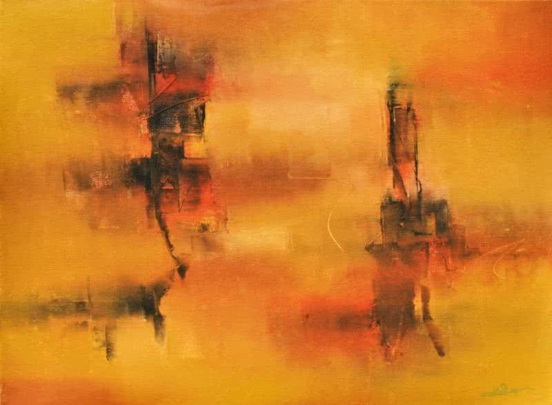 Abstract acrylic painting titled 'Pastoral Ochre', 28x38 inches, by artist Raju Durshettiwar on Canvas