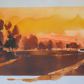'Path Breaking Dawn' landscape watercolor painting by artist Prashant Prabhu, 30x45 inch, on paper