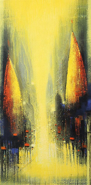 Path Of Heaven 4 (Dawn on the Ganges) by Somnath Bothe, Original Acrylic Cityscape Painting on Canvas, Small Vertical Wall Art