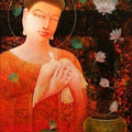 Religious acrylic painting titled 'Path Of Peace', 48x36 inches, by artist Ajay Meshram on Canvas Board